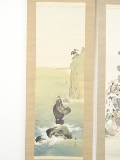 道具 ] - 道具 荒川静渕筆 日蓮上人図双幅 肉筆絹本掛軸（保護箱